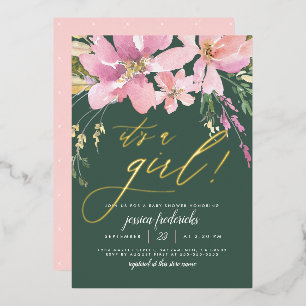 Invitation En Aluminium Fête de naissance florale vert foncé et or C'est u
