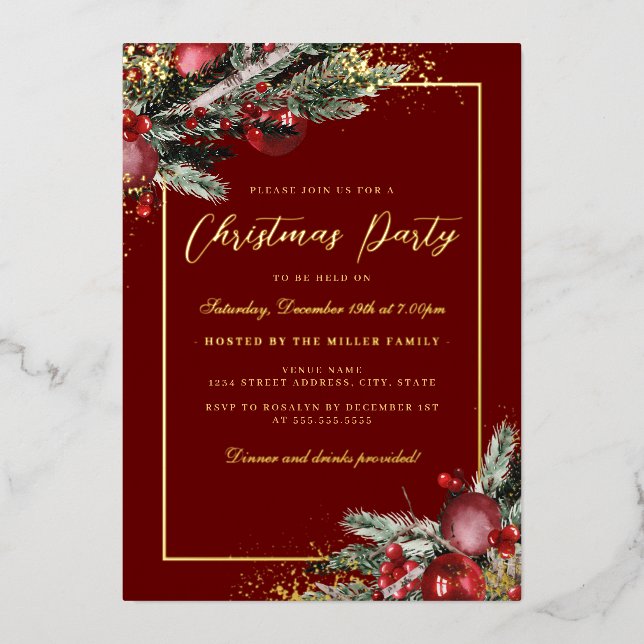 Invitation En Aluminium Fête de Noël à cadre de feuillage traditionnel (Recto)