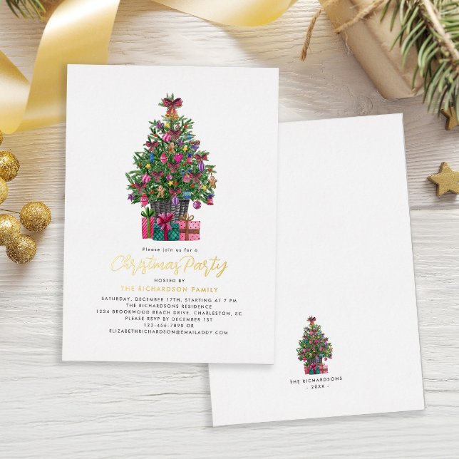 Invitation En Aluminium Fête de Noël Arbre d'or (Christmas Party Festive Tree Gold Foil Invitation)