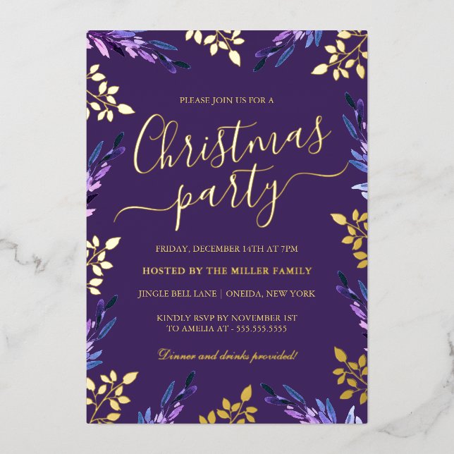 Invitation En Aluminium Fête de Noël au Feuille d'Or Pourpre (Recto)