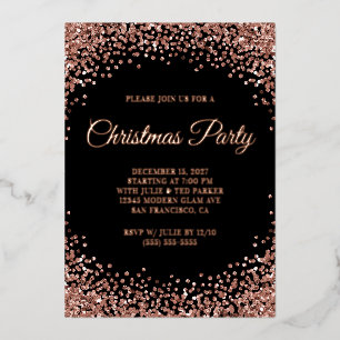 Invitation En Aluminium Fête de Noël avec bordure pailletée or rose sur fo