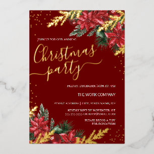 Invitation En Aluminium Fête de Noël d'entreprise Feuillage Rouge Or