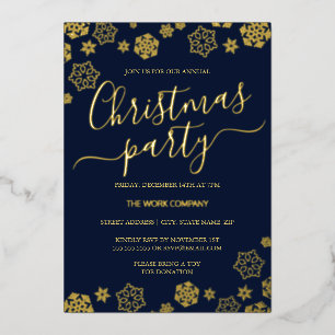 Invitation En Aluminium Fête de Noël d'entreprise Navy Gold Snowflake