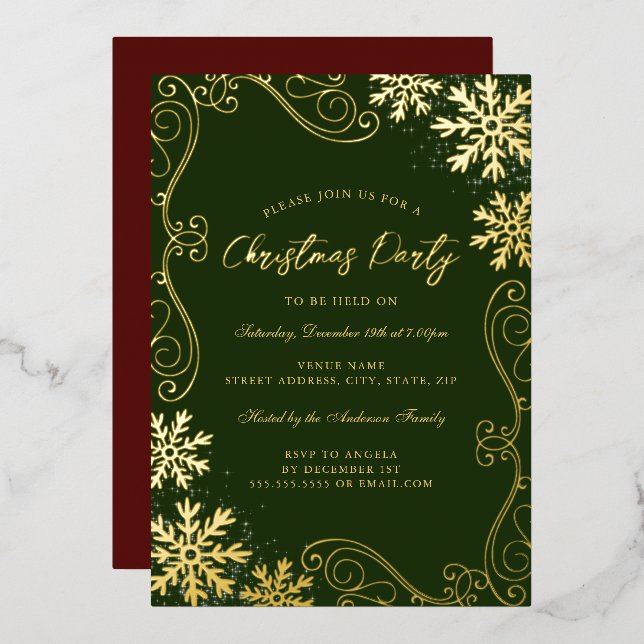 Invitation En Aluminium Fête de Noël du Flocon de neige vert (Recto/Verso)