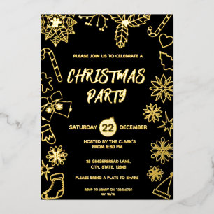 Invitation En Aluminium Fête de Noël Élégante Simple Moderne Noire et Doré