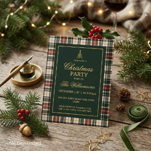 Invitation En Aluminium Fête de Noël élégante verte tartan or écriture