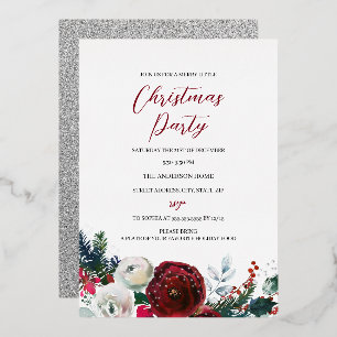 Invitation En Aluminium Fête de Noël Feuillage Festif Argent Rouge