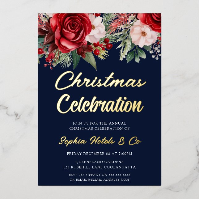 Invitation En Aluminium Fête de Noël Floral Marine Golden (Recto)