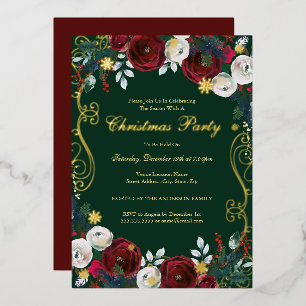 Invitation En Aluminium Fête de Noël Floral Tourbillon Rouge Vert Or