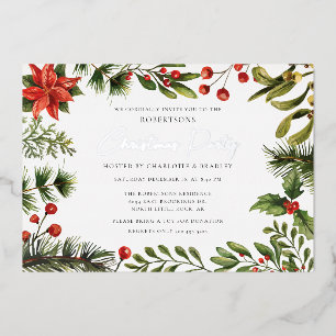 Invitation En Aluminium Fête de Noël Floral Vert Argent
