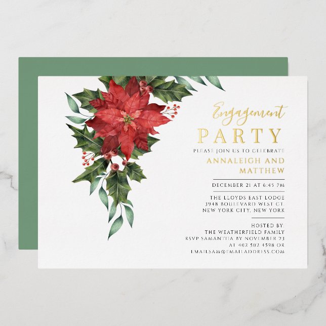 Invitation En Aluminium Fête de Noël Florale Fiançailles Gold (Recto/Verso)