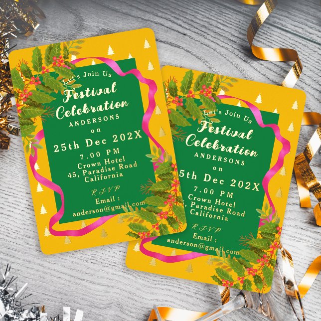 Invitation En Aluminium Fête de Noël Jaune Vert (Festival Celebration Christmas Yellow Green Foil Invitation)