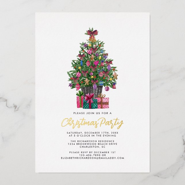 Invitation En Aluminium Fête de Noël Pink Tree Gold (Recto)