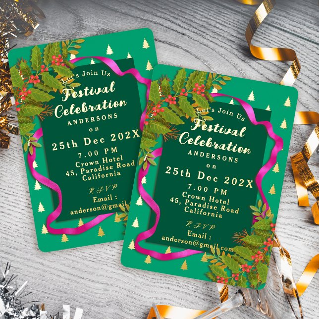 Invitation En Aluminium Fête de Noël Vert (Festival Celebration Christmas Green Foil Invitation)