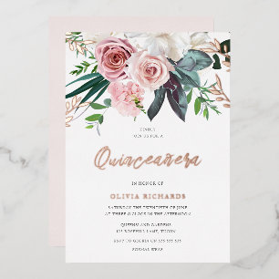 Invitation En Aluminium Fête de Quinceanera aux Roses Roses Blush Tropical