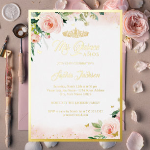 Invitation En Aluminium Fête de Quinceanera Fleurs Rose Or 