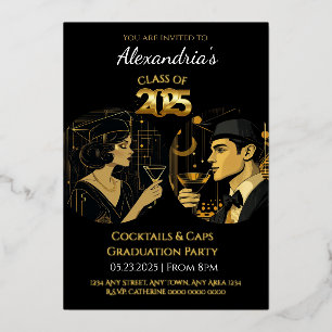 Invitation En Aluminium Fête de remise des diplômes 2025 Black Gold Cockta