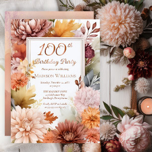 Invitation En Aluminium Fête des 100 ans Chrysanthèmes Pivoines Floral