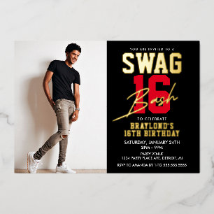 Invitation En Aluminium Fête des 16 ans Black and Red Swag