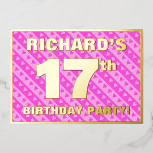 Invitation En Aluminium Fête des 17 ans — Cœurs roses et rayures amusants