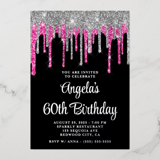 Invitation En Aluminium Fête des 60 ans Noir Argent Rose Foncé Paillettes  (Recto)