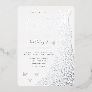 Invitation En Aluminium Fête des 70 ans Robe à coeur en feuille d'argent v