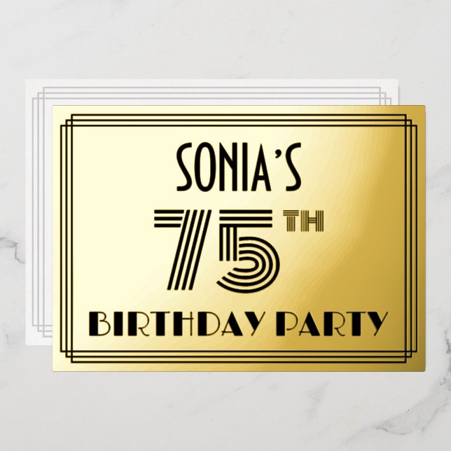 Invitation En Aluminium Fête des 75 ans — Style Art Déco “75” & Nom (Recto/Verso)
