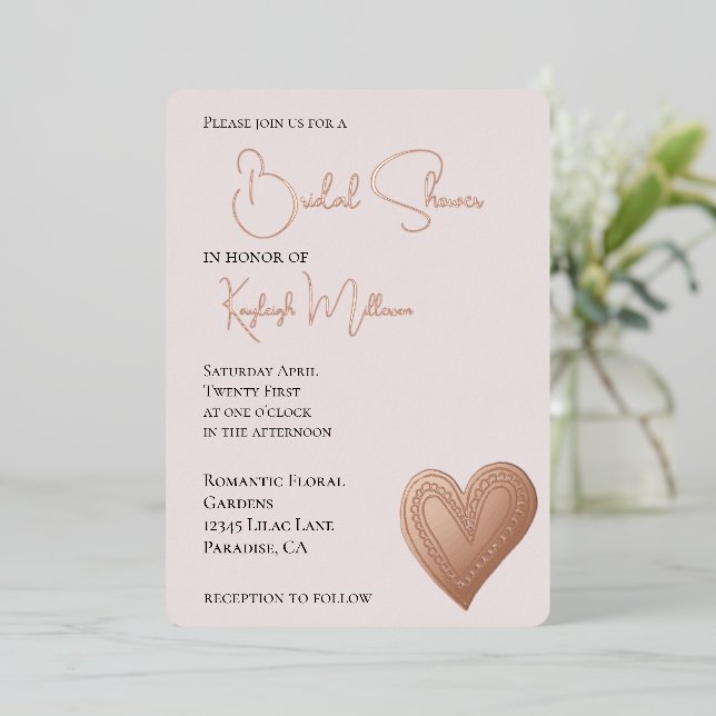 Invitation En Aluminium Fête des mariées de coeur rose pâle (Debout devant)