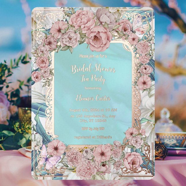 Invitation En Aluminium Fête des mariées de thé vintage Blue Peony (Créateur téléchargé)