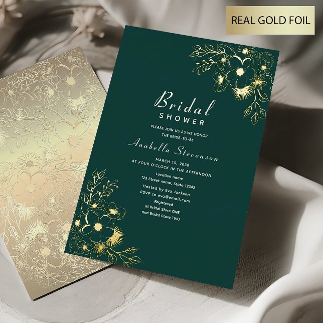 Invitation En Aluminium Fête des mariées Floral Gold et Emerald Green (Créateur téléchargé)