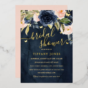 Invitation En Aluminium Fête des mariées florale à papillon bleu Gold Navy