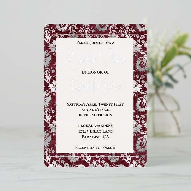 Invitation En Aluminium Fête des mariées florale rouge bordeaux argent (Debout devant)