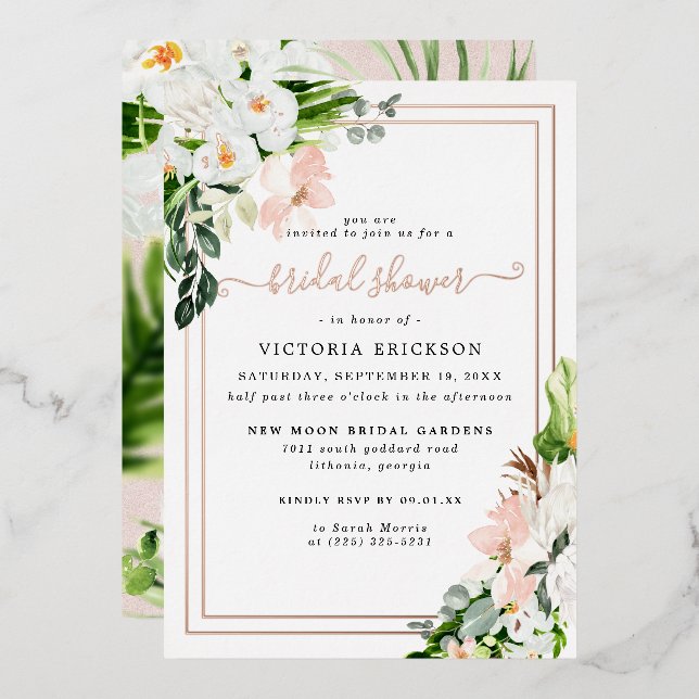 Invitation En Aluminium Fête des mariées florale tropicale rose et blanc (Recto/Verso)
