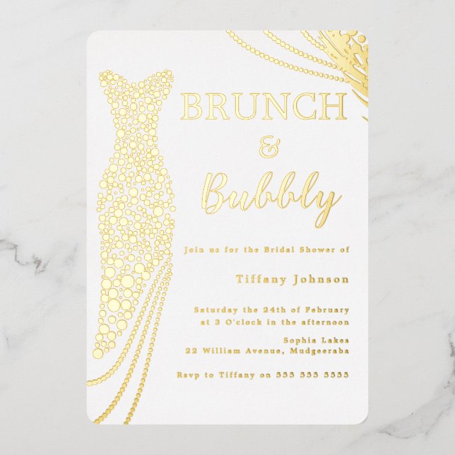 Invitation En Aluminium Fête des mariées Robe à huile d'or Brunch & Bubbly (Recto)