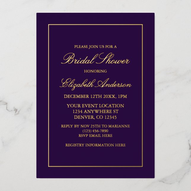 Invitation En Aluminium Fête des mariées violette minimaliste classique (Recto)