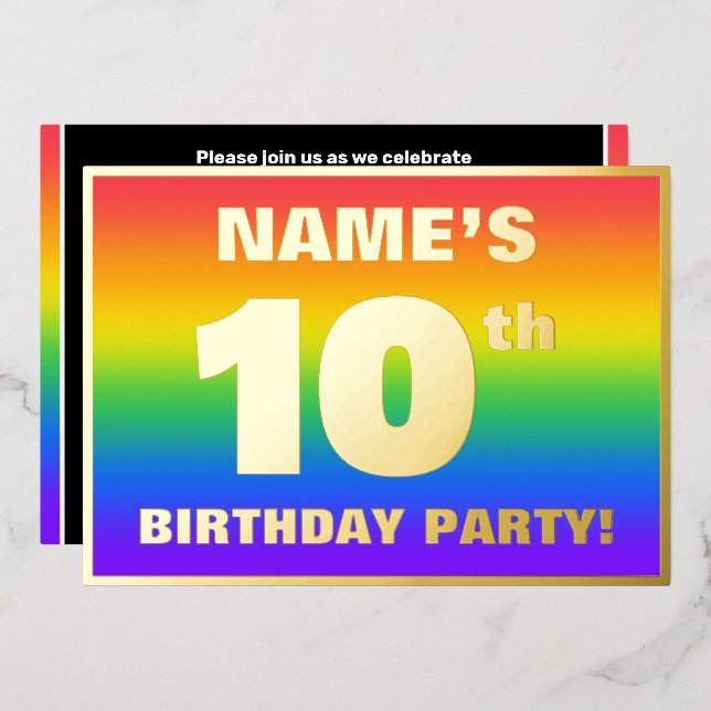 Invitation En Aluminium Fête du 10e anniversaire : Amusant, Motif arc-en-c (Recto/Verso)
