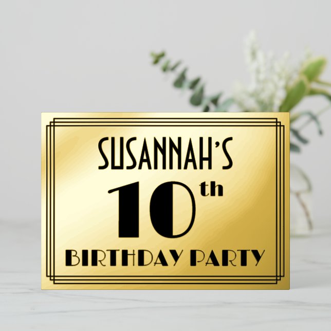 Invitation En Aluminium Fête du 10e anniversaire — Art Déco Look "10" + No (Debout devant)