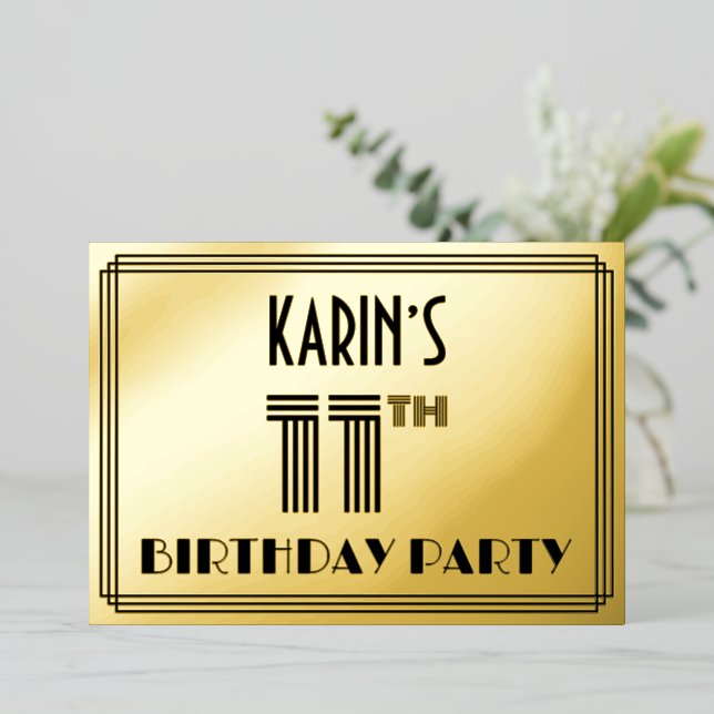 Invitation En Aluminium Fête du 11e anniversaire — Art Déco Style "11" & N (Debout devant)