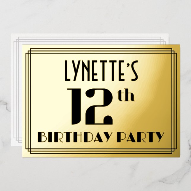 Invitation En Aluminium Fête du 12e anniversaire : Art Déco Look "12" et n (Recto/Verso)
