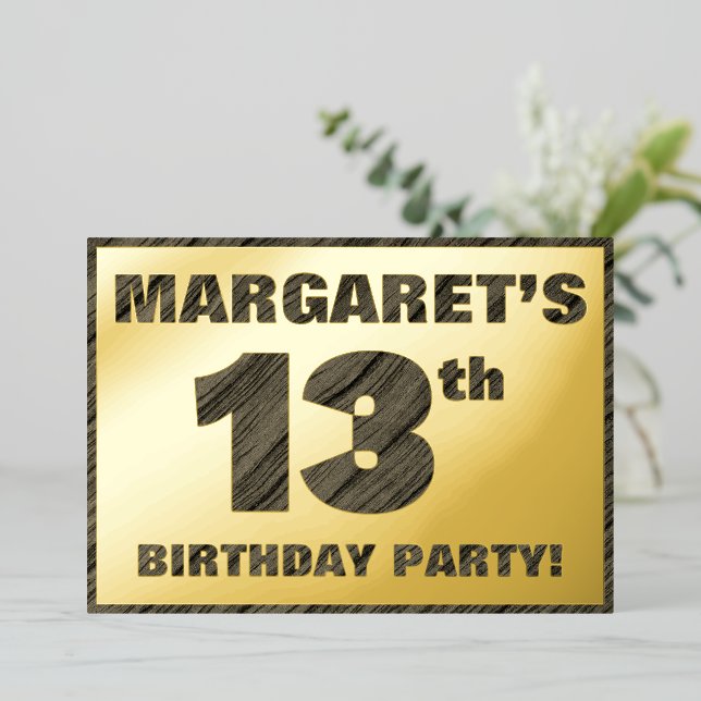 Invitation En Aluminium Fête du 13e anniversaire — Gras, Faux Wood Grain T (Debout devant)