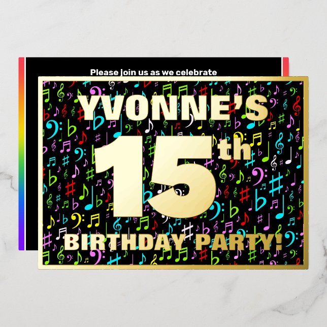 Invitation En Aluminium Fête du 15e anniversaire — Symboles de musique amu (Recto/Verso)