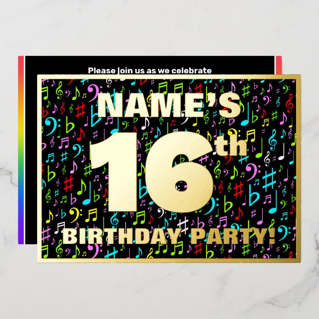 Invitation En Aluminium Fête du 16e anniversaire — Symboles de musique amu (Recto/Verso)