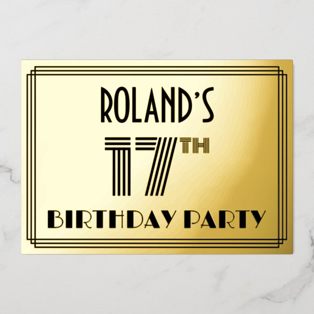 Invitation En Aluminium Fête du 17ème anniversaire — Art Déco Style "17" & (Recto)
