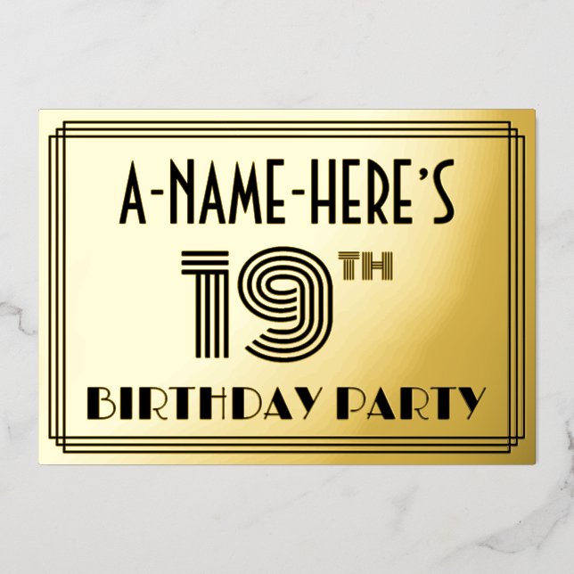 Invitation En Aluminium Fête du 19e anniversaire — Art Déco Style "19" & N (Recto)