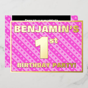Invitation En Aluminium Fête du 1er anniversaire — Cœurs roses et rayures