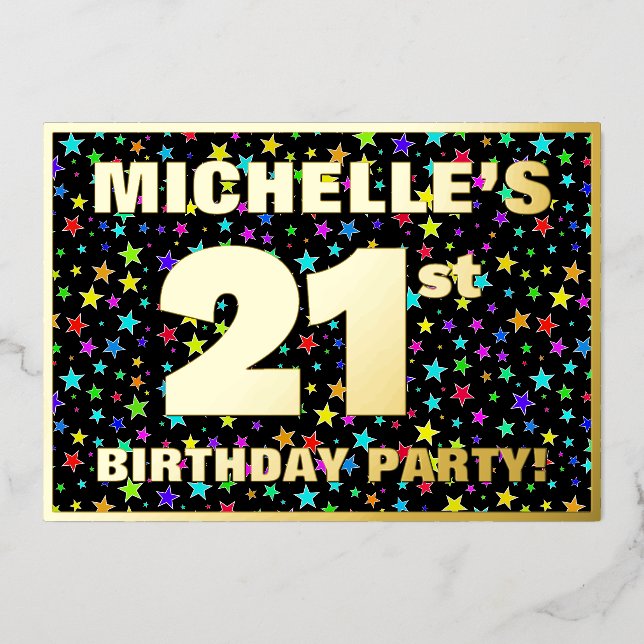 Invitation En Aluminium Fête du 21e anniversaire — Amusant, Colorful Stars (Recto)