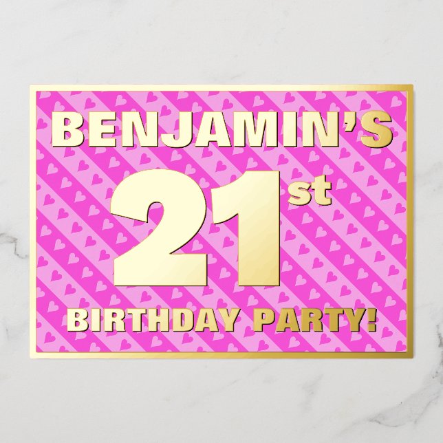 Invitation En Aluminium Fête du 21e anniversaire — Coeurs et rayures roses (Recto)