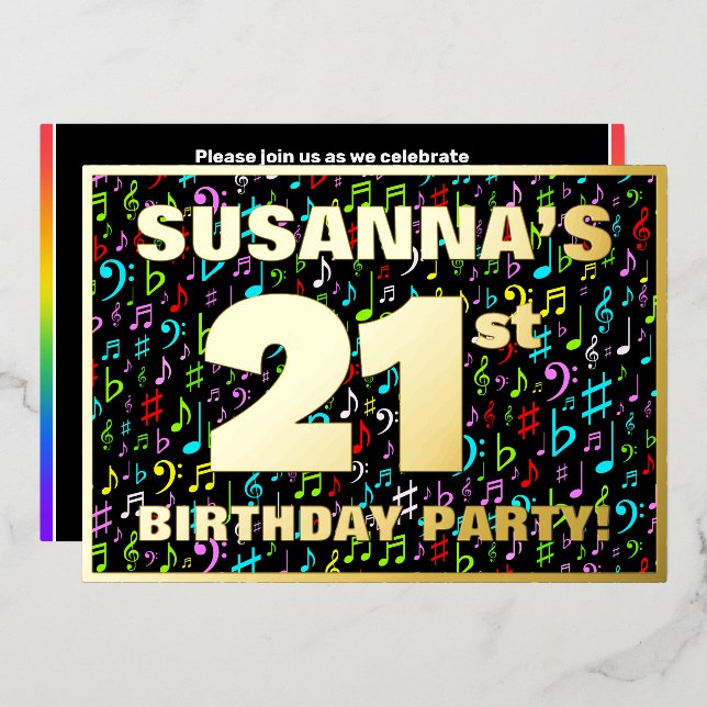 Invitation En Aluminium Fête du 21e anniversaire — Symboles de musique amu (Recto/Verso)