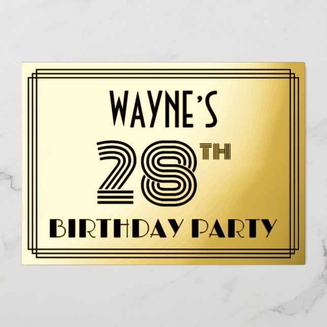 Invitation En Aluminium Fête du 28e anniversaire — Art Déco Style "28" & N (Recto)