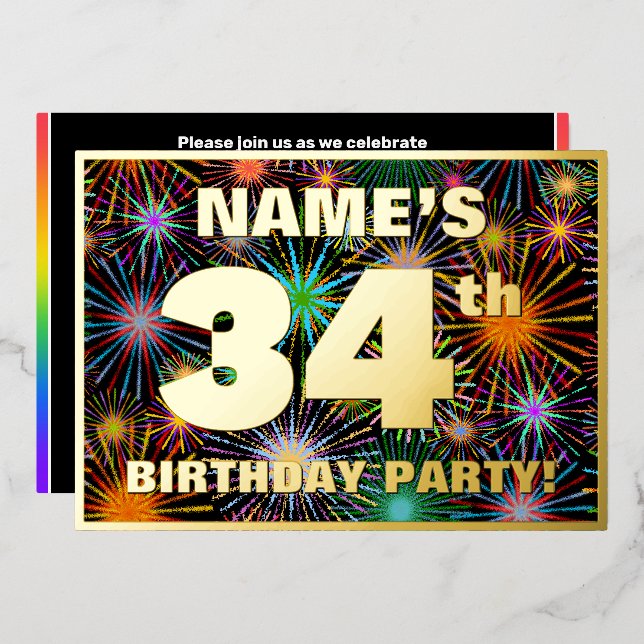 Invitation En Aluminium Fête du 34e anniversaire — Amusant, Feu d'artifice (Recto/Verso)